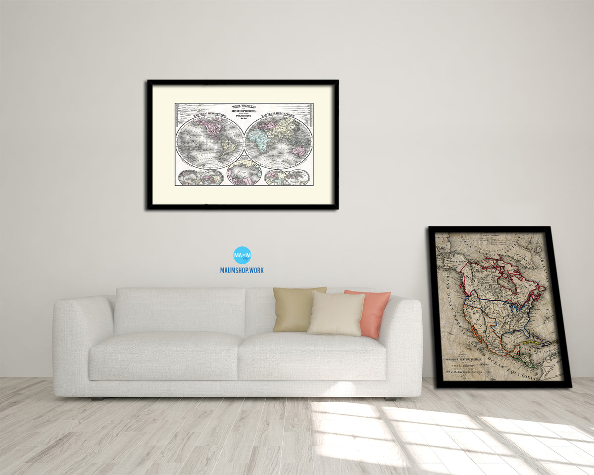 World Hemispheres 1870 Old Map Framed Print Art Wall Decor Gifts