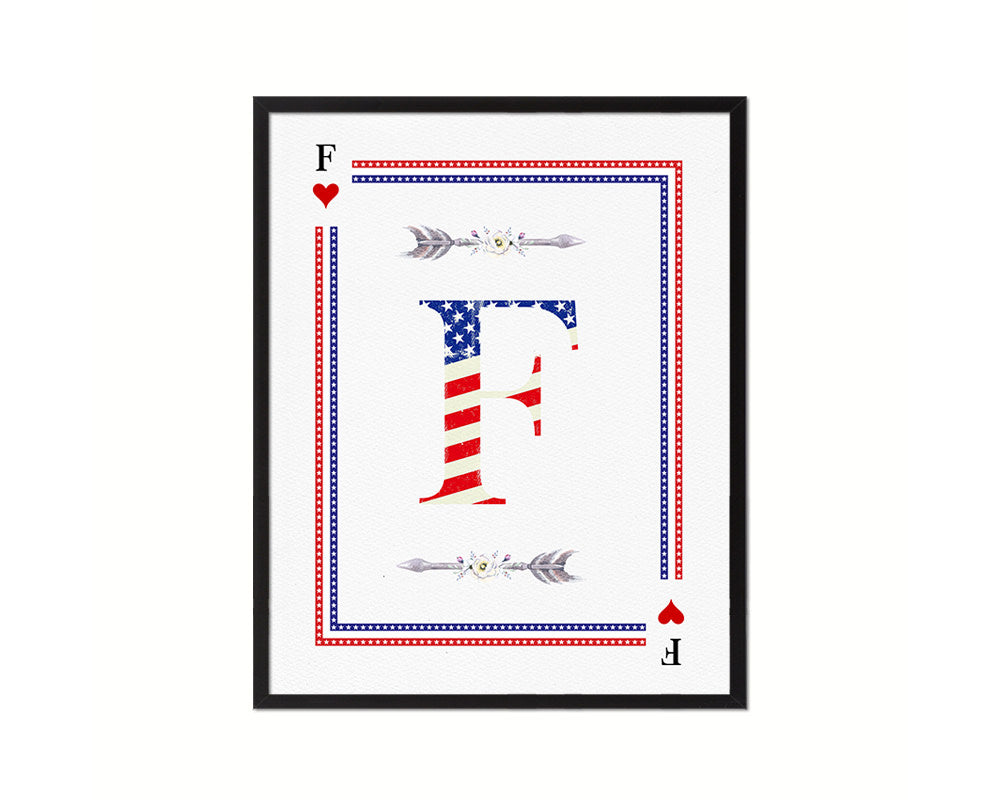 Letter F Personalized Initial American Flag Playing Card Framed Prints Wall Art