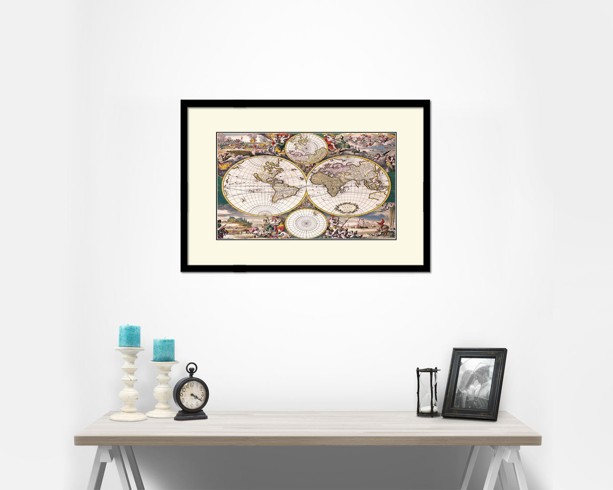 World hemispheres Frederick De Wit Amsterdam 1668 Old Map Framed Print Art Wall Decor Gifts