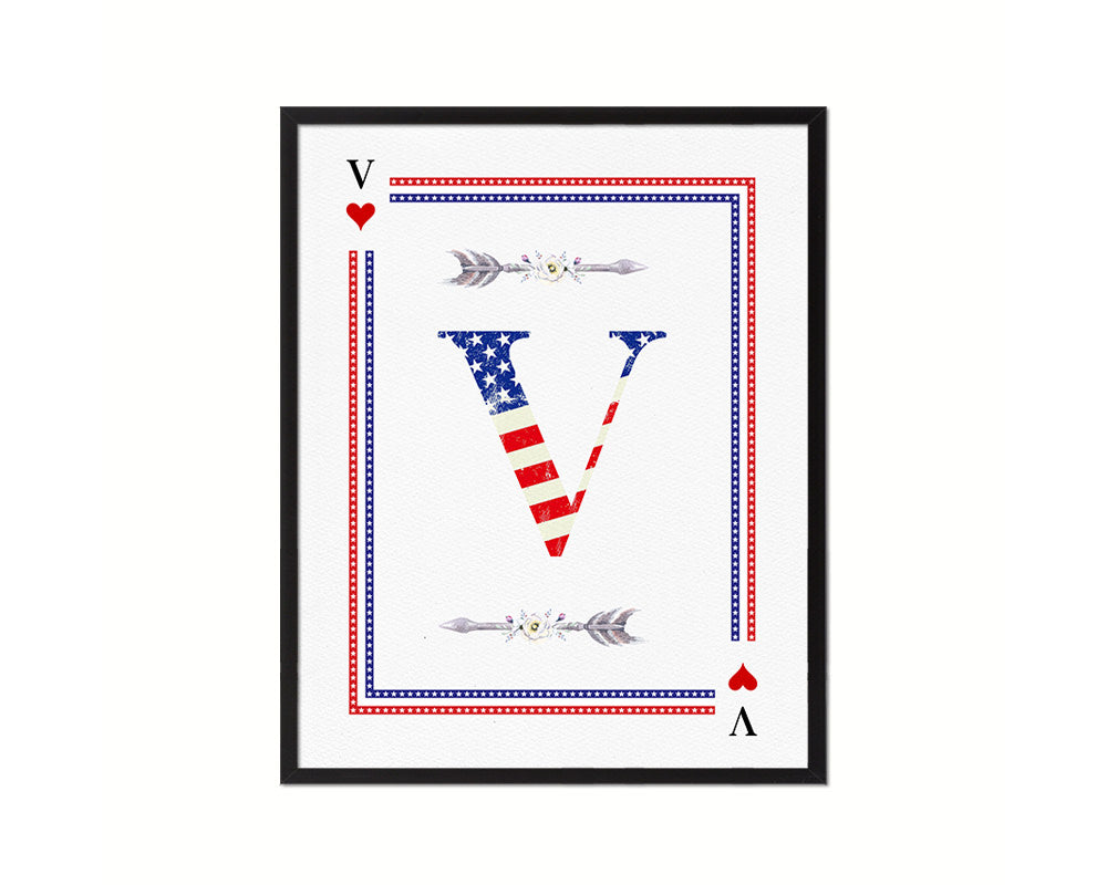 Letter V Personalized Initial American Flag Playing Card Framed Prints Wall Art