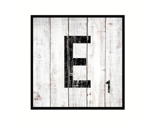 Letter E Custom Scrabble Sign Framed Prints Wall Art Decor Gifts, White Wash Wood