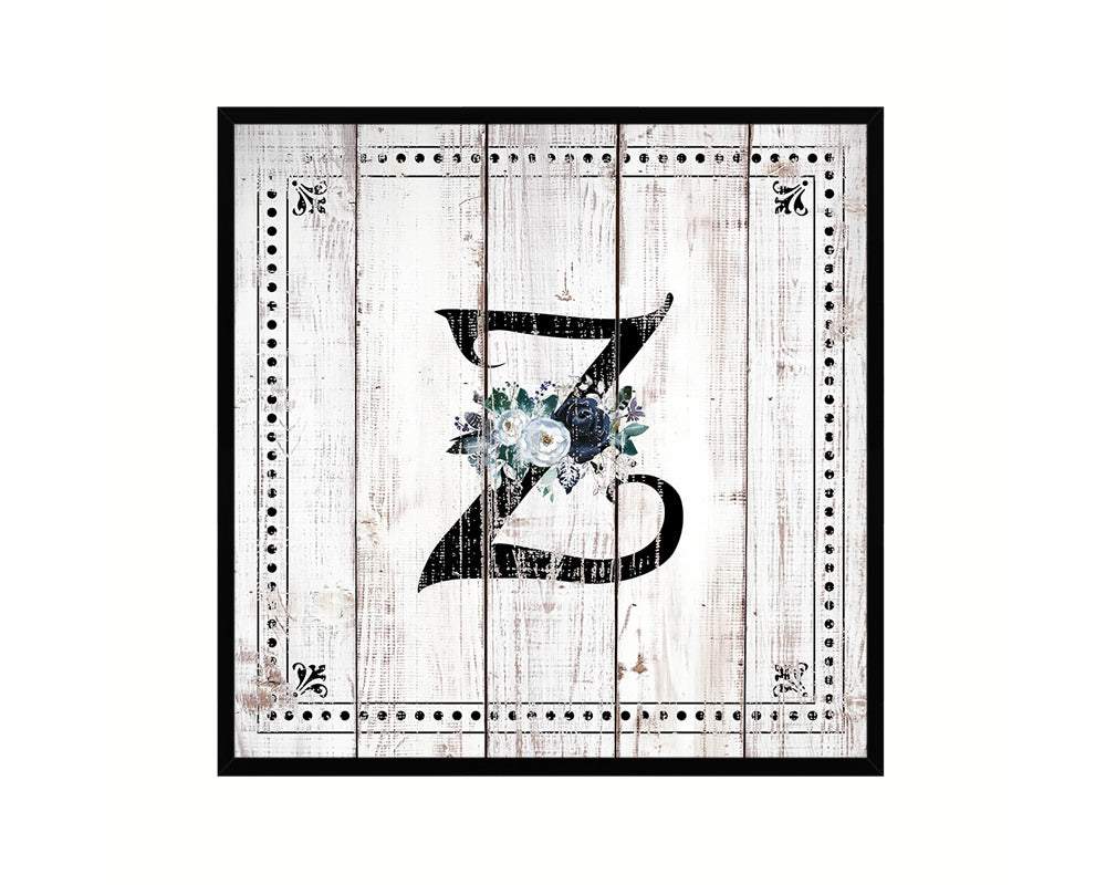 Letters Z Custom Monogram Name Sign Framed Prints Wall Art Décor, White Wash Wood