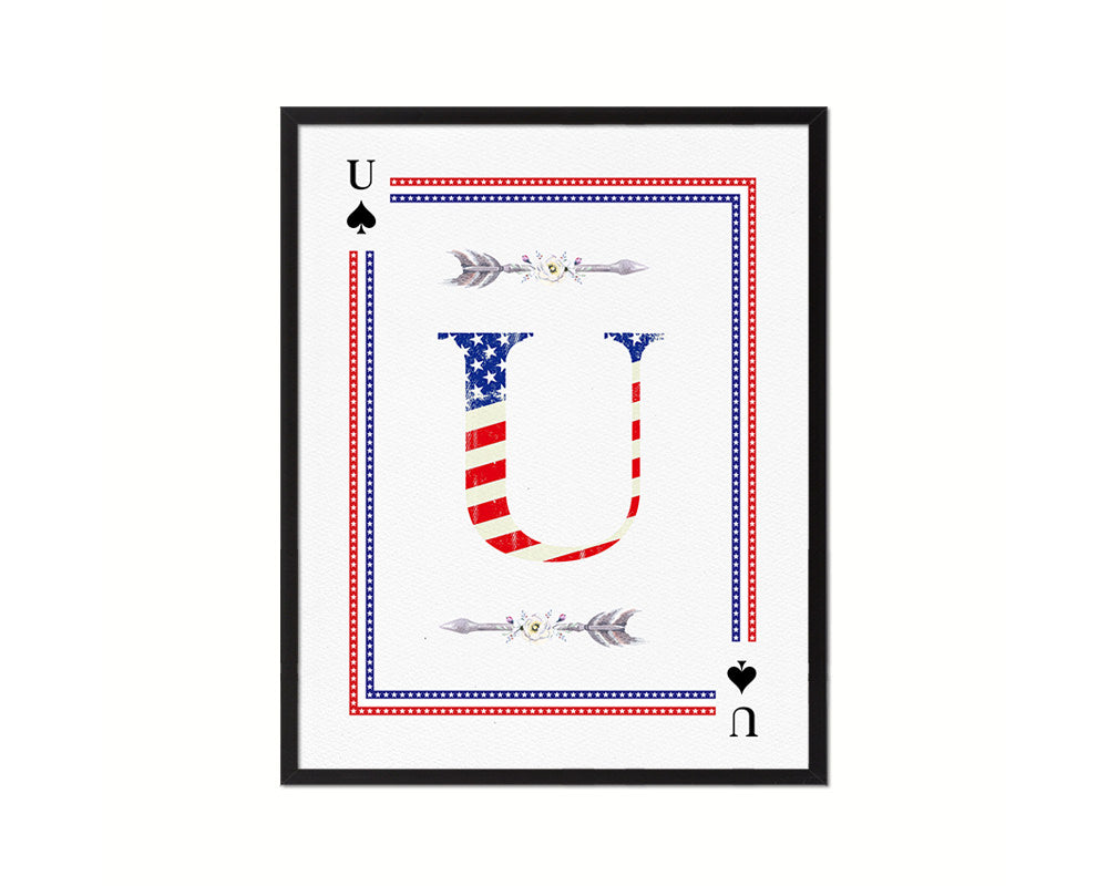 Letter U Personalized Initial American Flag Playing Card Framed Prints Wall Art