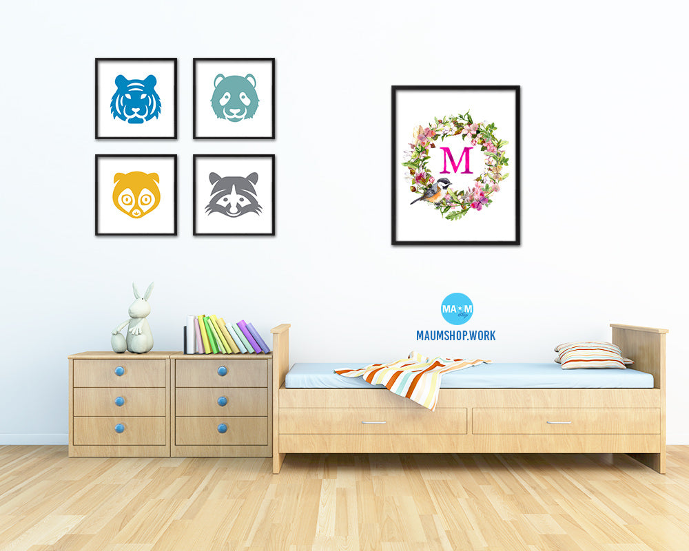 Letter M Custom Floral Wreath Monogram Framed Prints Wall Art
