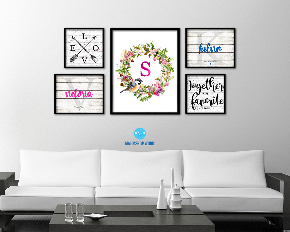 Letter S Custom Floral Wreath Monogram Framed Prints Wall Art