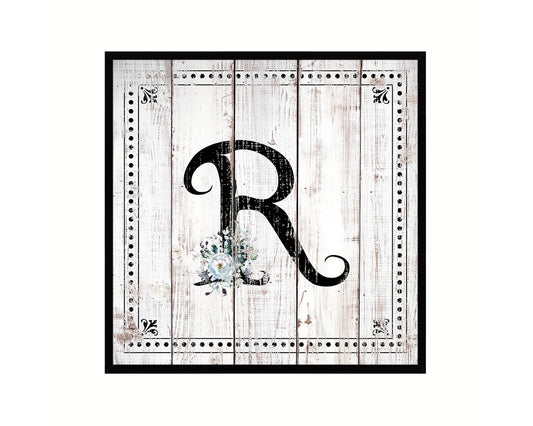 Letters R Custom Monogram Name Sign Framed Prints Wall Art Décor, White Wash Wood