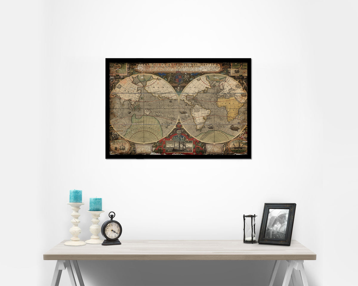 Vera Totius Expeditionis Nautica Double Hemisphere World Antique Map Framed Print Art Gifts