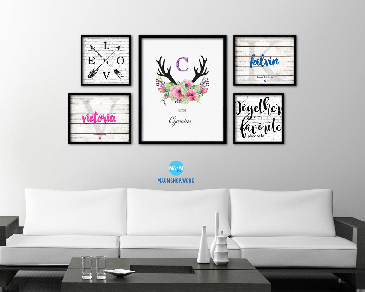 Letter C Watercolor Floral Boho Custom Initial Name Sign Framed Prints Wall Art