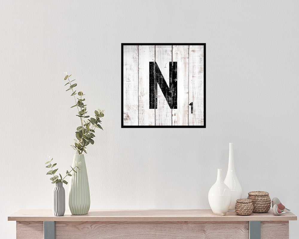 Letter N Custom Scrabble Sign Framed Prints Wall Art Decor Gifts, White Wash Wood
