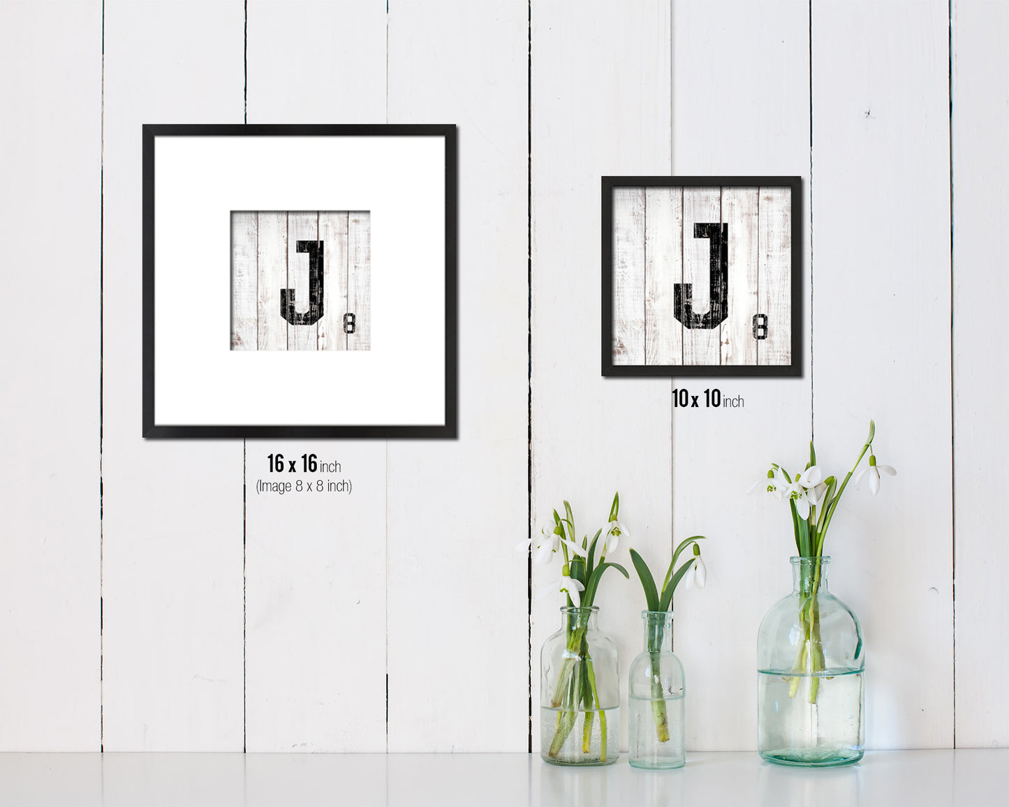 Letter J Custom Scrabble Sign Framed Prints Wall Art Decor Gifts, White Wash Wood