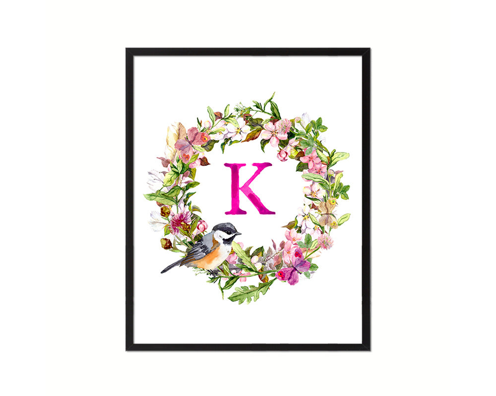 Letter K Custom Floral Wreath Monogram Framed Prints Wall Art