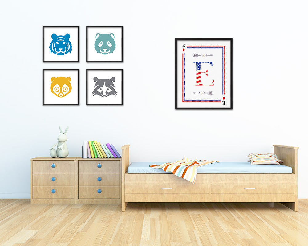 Letter E Personalized Initial American Flag Playing Card Framed Prints Wall Art