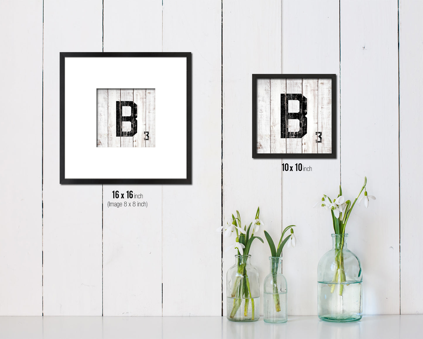 Letter B Custom Scrabble Sign Framed Prints Wall Art Decor Gifts, White Wash Wood