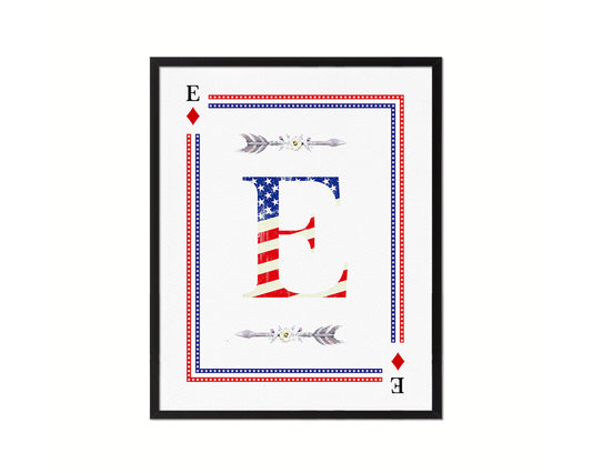 Letter E Personalized Initial American Flag Playing Card Framed Prints Wall Art