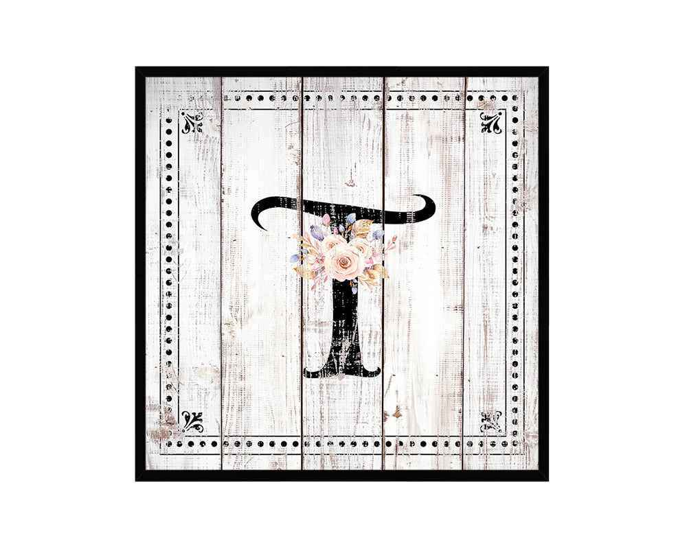 Letters T Custom Monogram Name Sign Framed Prints Wall Art Décor, White Wash Wood