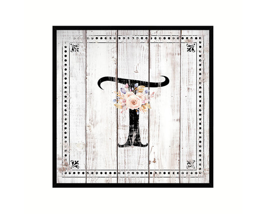 Letters T Custom Monogram Name Sign Framed Prints Wall Art Décor, White Wash Wood