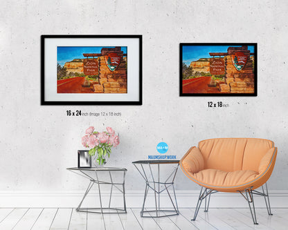 Entrance Sign Zion National Park Utah Landscape Painting Print Art Frame Home Wall Decor Gifts