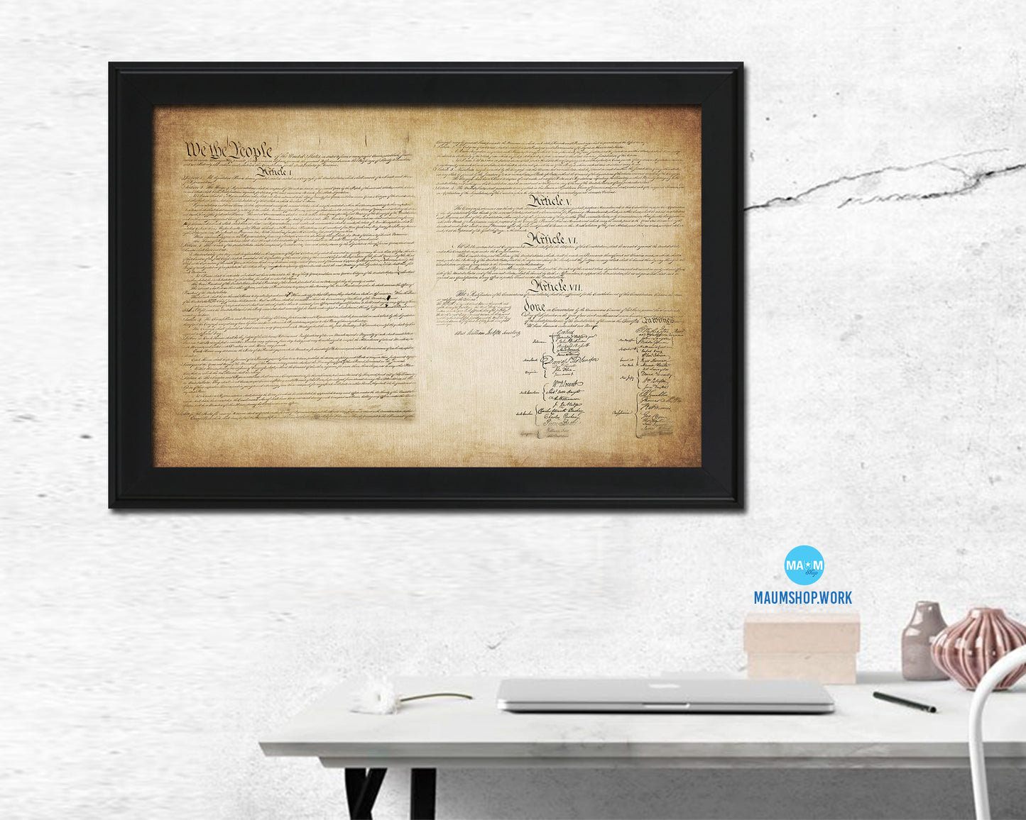 Constitution We the people US Historical Print Art Wood Framed Wall Decor Gifts, 12" x 16"
