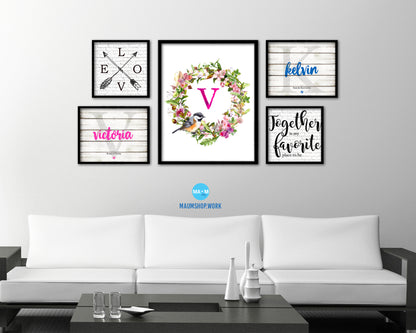Letter V Custom Floral Wreath Monogram Framed Prints Wall Art