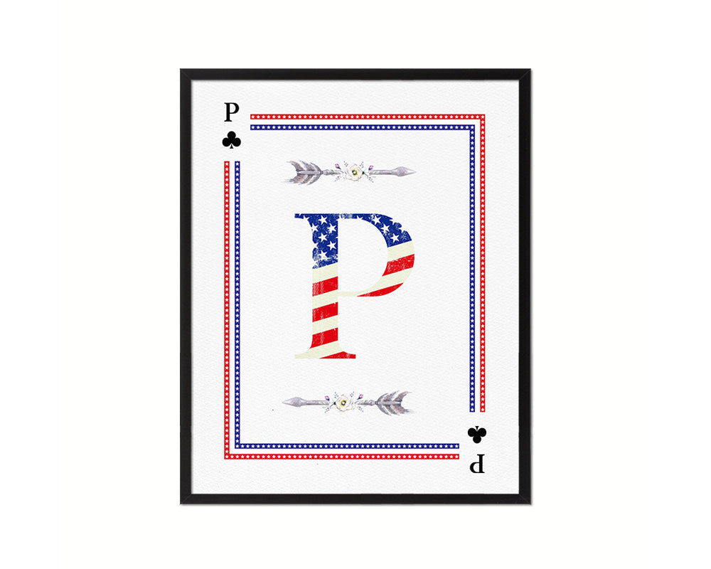 Letter P Personalized Initial American Flag Playing Card Framed Prints Wall Art