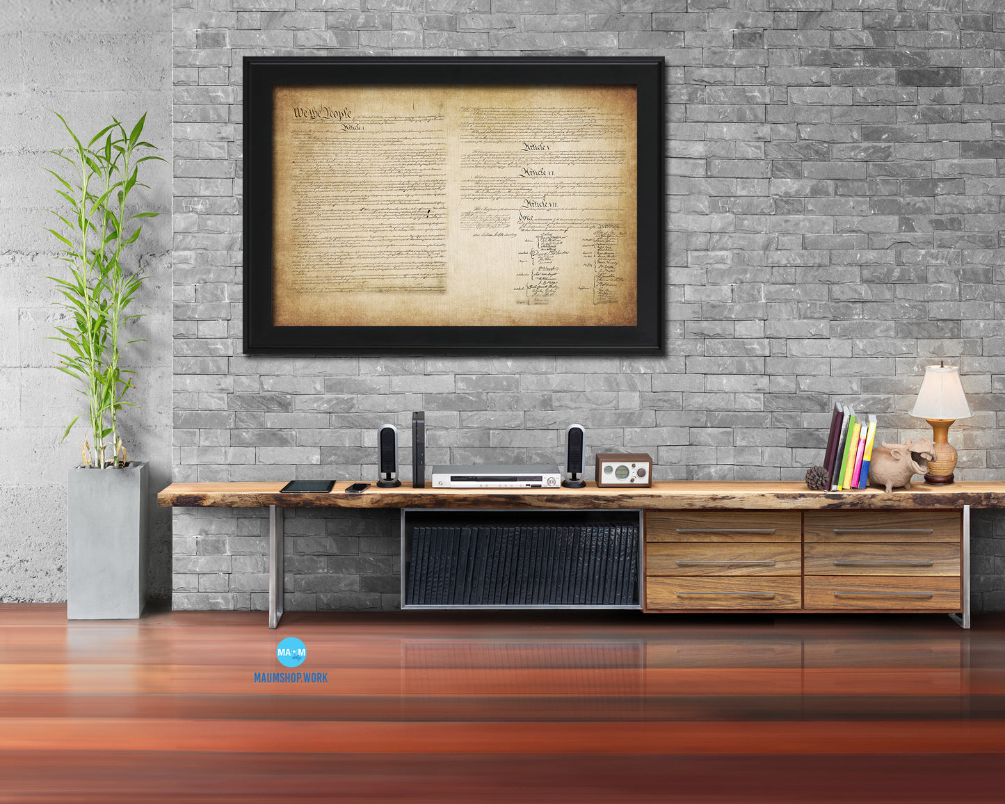 Constitution We the people US Historical Print Art Wood Framed Wall Decor Gifts, 12" x 16"