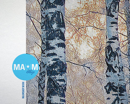 Birch Grove Trees Winter Landscape Painting Print Art Frame Home Wall Decor Gifts