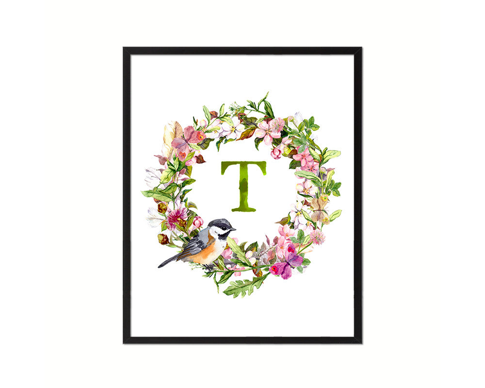 Letter T Custom Floral Wreath Monogram Framed Prints Wall Art