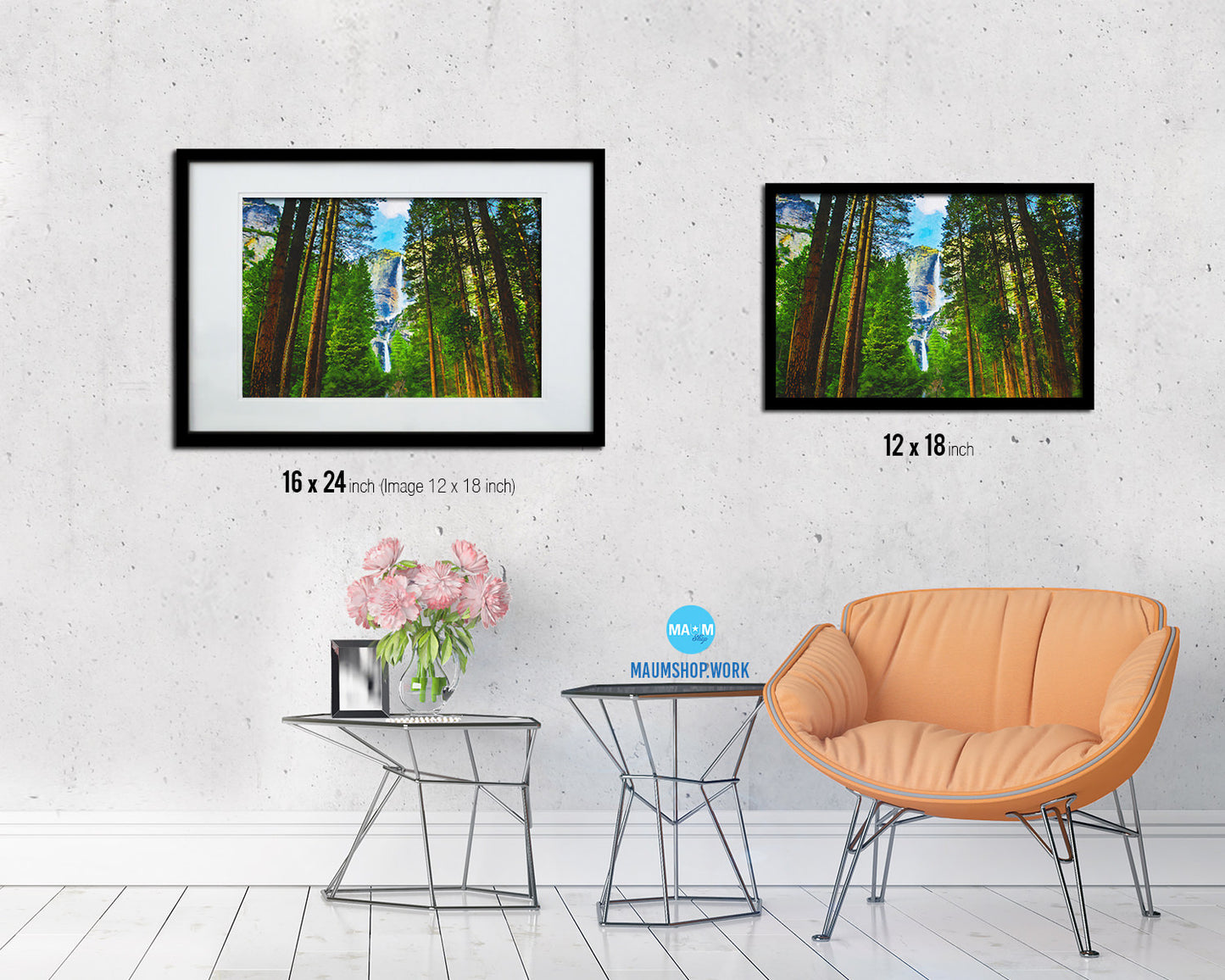 Waterfall Yosemite Nationa Ppark CA Behind Sequoias Landscape Painting Print Art Frame Home