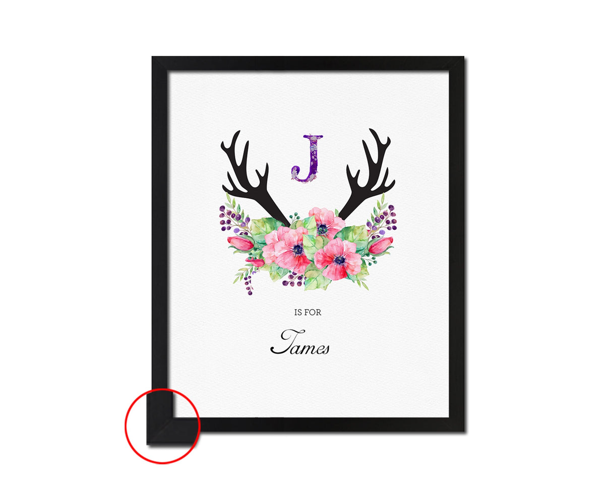 Letter J Watercolor Floral Boho Custom Initial Name Sign Framed Prints Wall Art