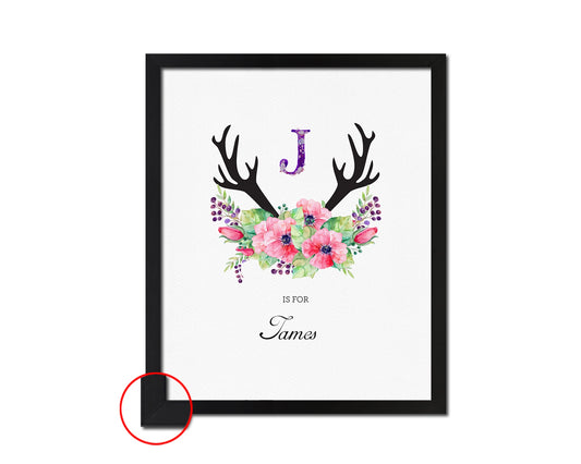 Letter J Watercolor Floral Boho Custom Initial Name Sign Framed Prints Wall Art
