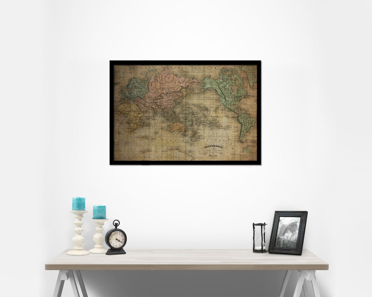 World Western and Eastern Hemispheres 1800 Vintage Map Framed Print Art Wall Decor Gifts
