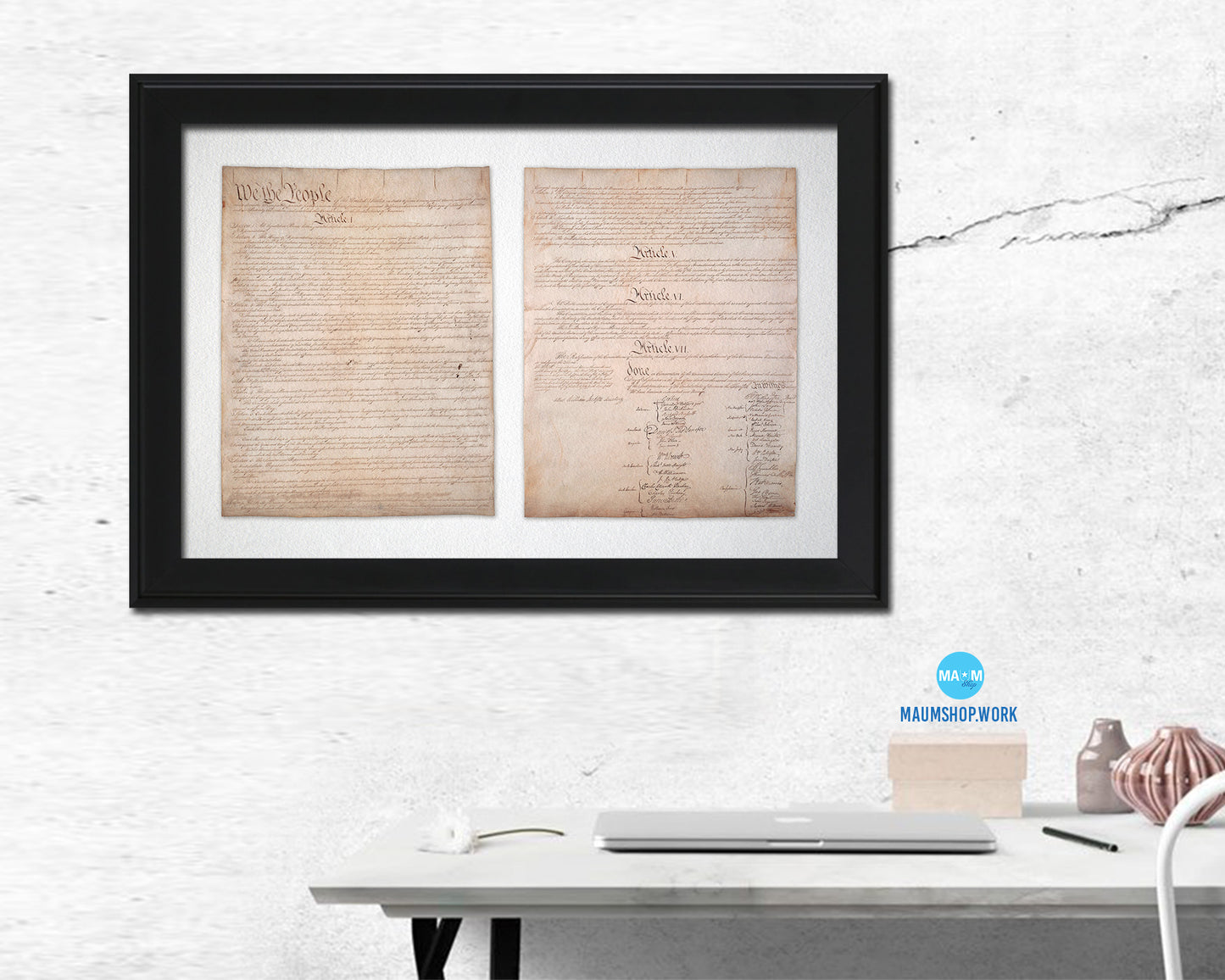 Constitution We the people US Historical Print Art Wood Framed Wall Decor Gifts, 12" x 16"