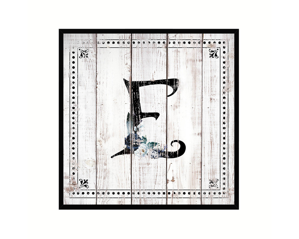 Letters E Custom Monogram Name Sign Framed Prints Wall Art Décor, White Wash Wood