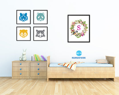 Letter S Custom Floral Wreath Monogram Framed Prints Wall Art