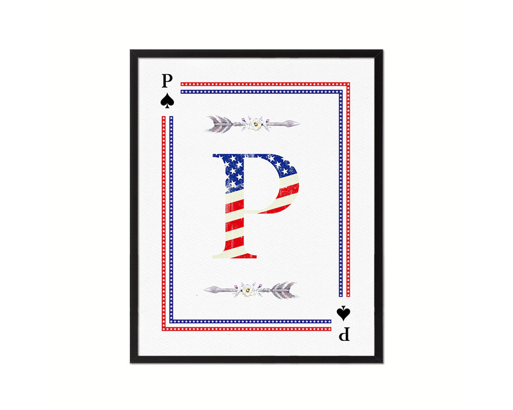 Letter P Personalized Initial American Flag Playing Card Framed Prints Wall Art