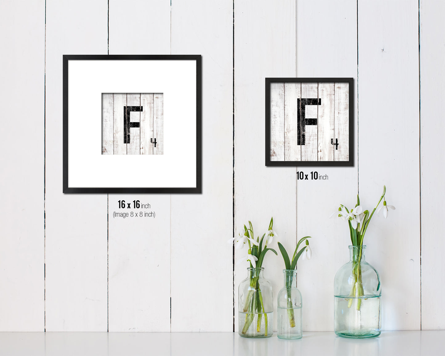 Letter F Custom Scrabble Sign Framed Prints Wall Art Decor Gifts, White Wash Wood