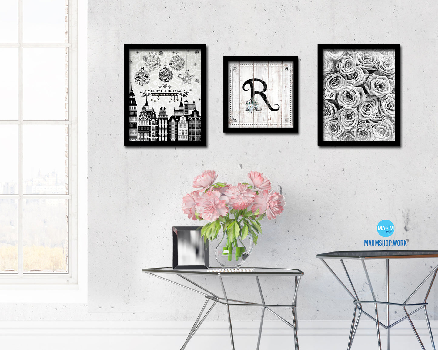 Letters R Custom Monogram Name Sign Framed Prints Wall Art Décor, White Wash Wood