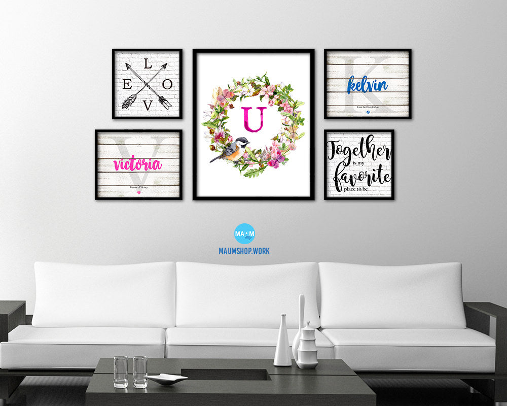 Letter U Custom Floral Wreath Monogram Framed Prints Wall Art