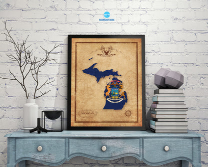 Michigan State Vintage Map Wood Framed Paper Print  Wall Art Decor Gifts