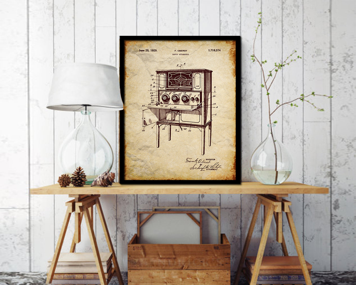 Apparatus Radio Vintage Patent Artwork Walnut Frame Print Wall Art Decor Gifts