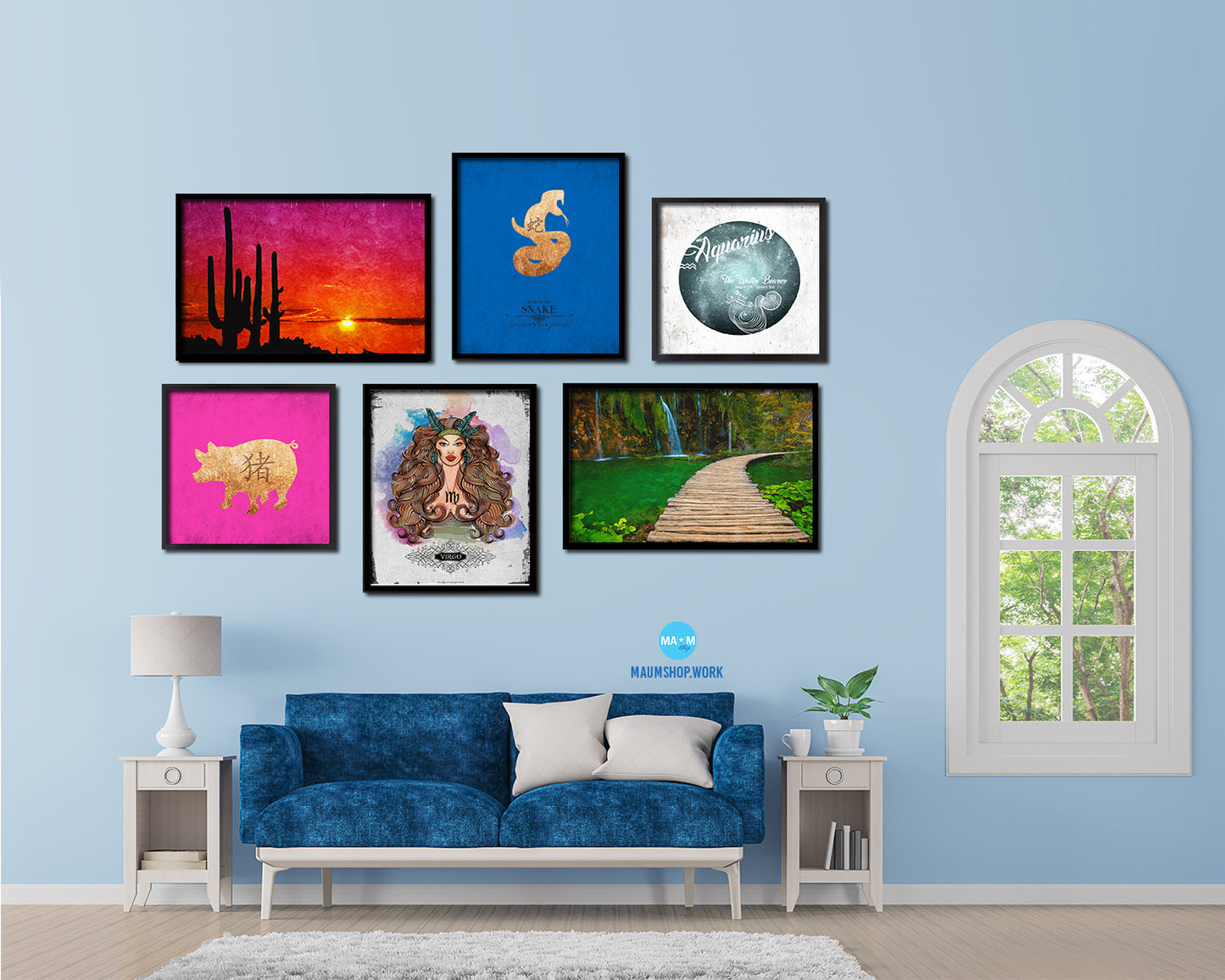 Snake Chinese Zodiac Character Black Framed Art Paper Print Wall Art Decor Gifts, Blue