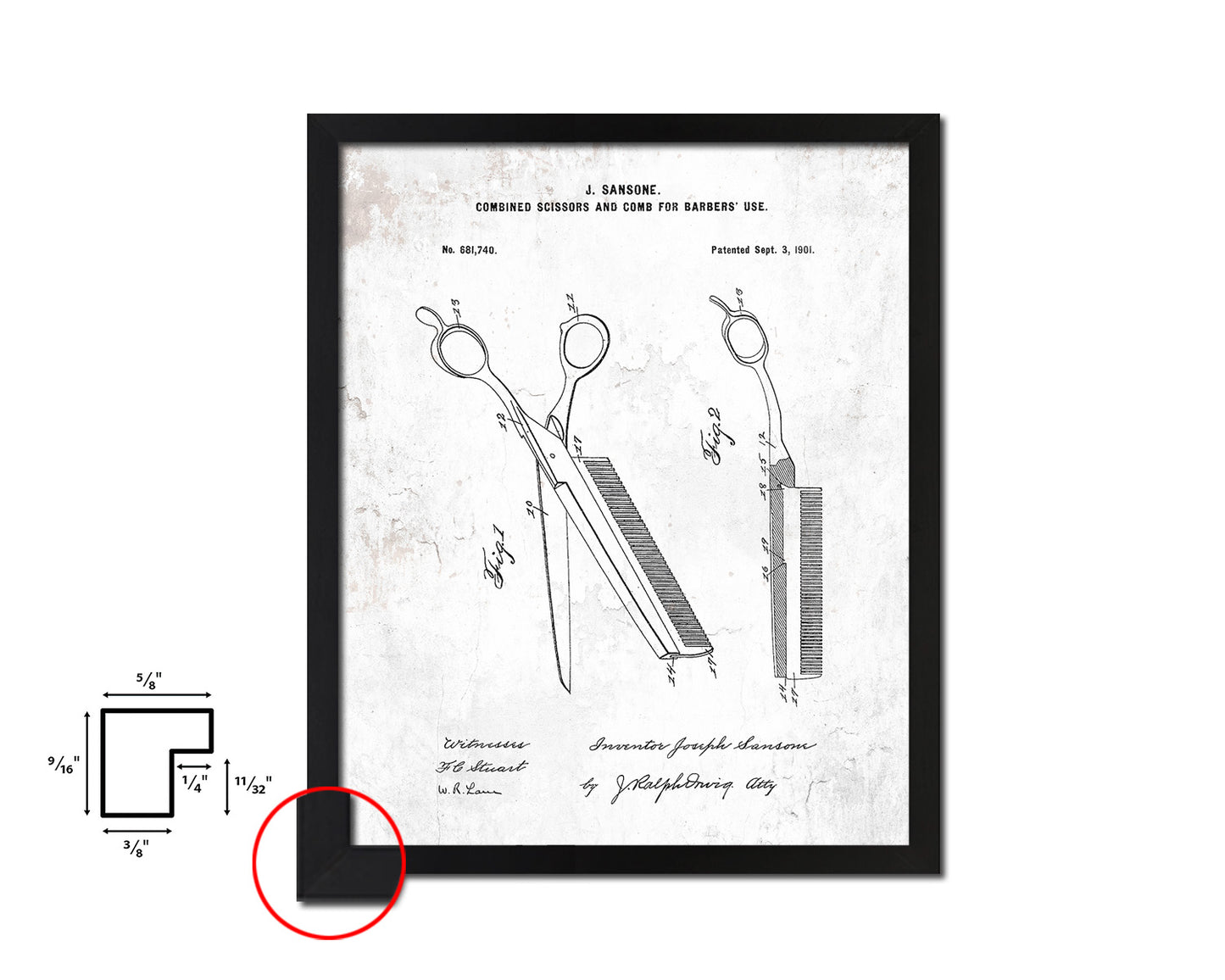 Combined Scissors and Comb Barbershop Vintage Patent Artwork Black Frame Print Gifts