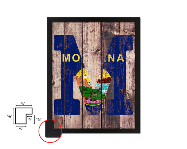 Montana State Initial Flag Wood Framed Paper Print Decor Wall Art Gifts, Wood