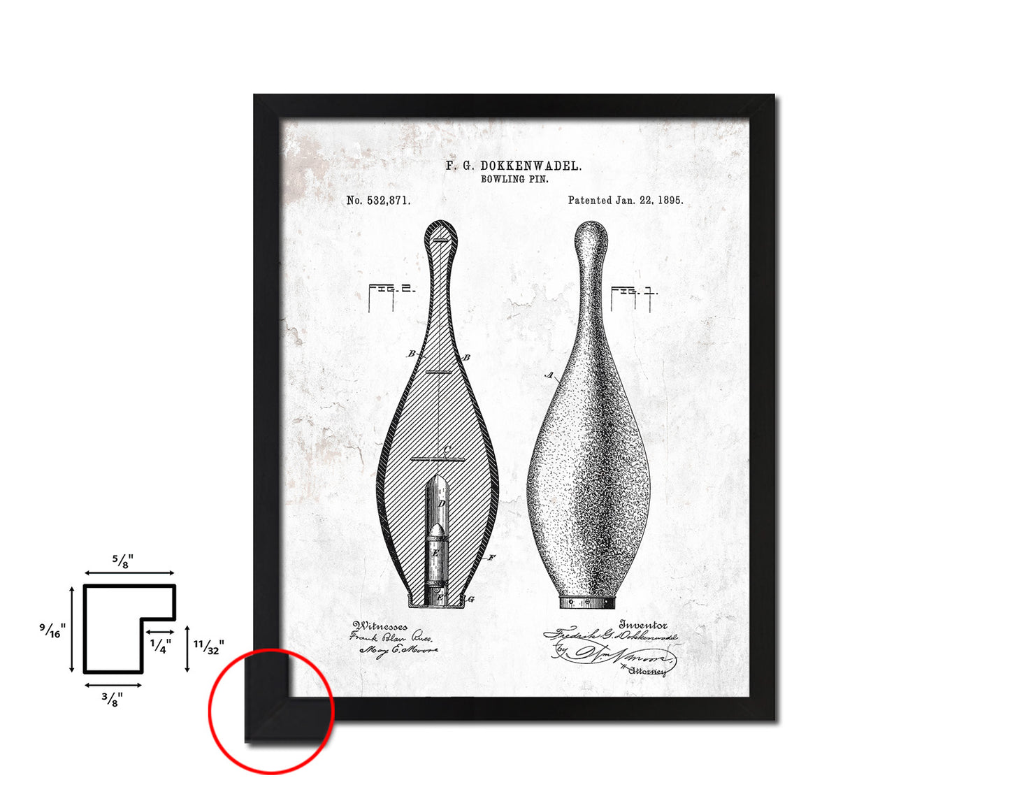 Bowling Pin Sports Vintage Patent Artwork Black Frame Print Gifts