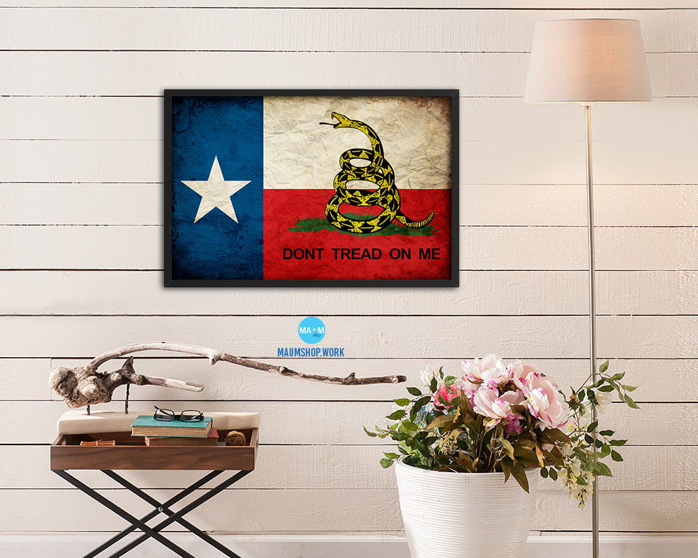 Gadsden Don't Tread On Me Texas State Vintage Military Flag Framed Print Art