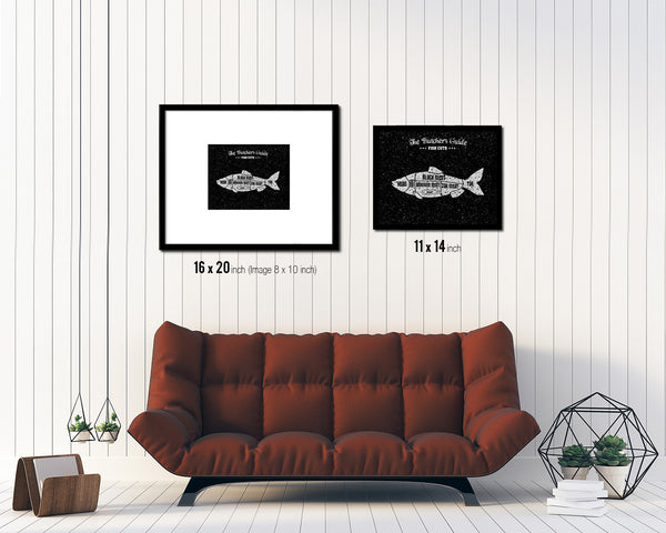 Fish  Meat Cuts Butchers Chart Wood Framed Paper Print Home Decor Wall Art Gifts
