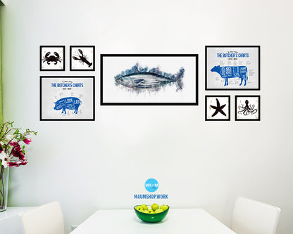 Skipjack Tuna Fish Art Wood Frame Modern Restaurant Sushi Wall Decor Gifts, 10" x 20"