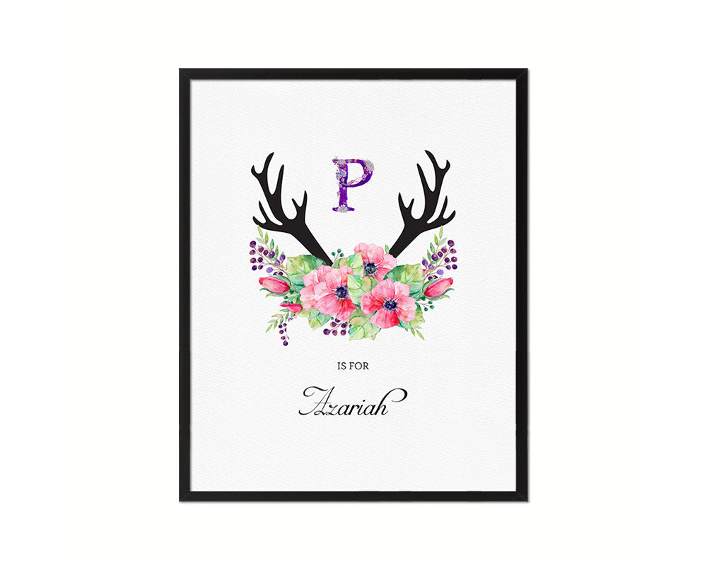 Initial Letter P Watercolor Floral Boho Monogram Art Framed Print Baby Girl Room Wall Decor Gifts