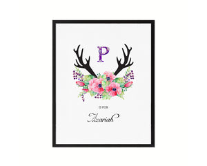 Initial Letter P Watercolor Floral Boho Monogram Art Framed Print Baby Girl Room Wall Decor Gifts