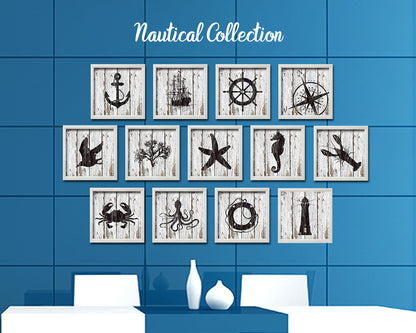 Wheel Nautical Wood Framed Gifts Ocean Beach Fishing Home Decor Wall Art Prints